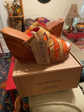 NIB Bed Stu Josie II 2 Melon Rustic Platform Slide Leather Woven Sandals